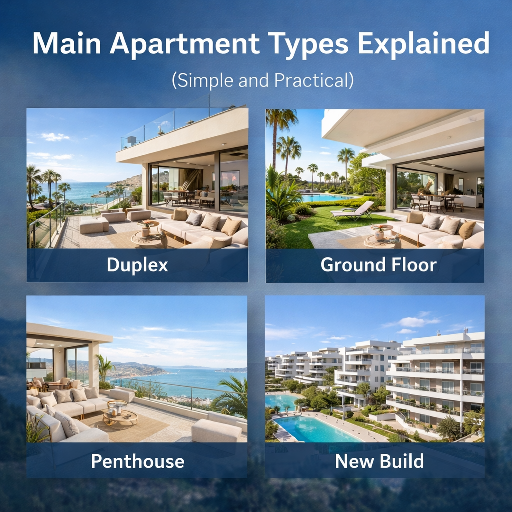 types of apartments Costa del Sol duplex ground floor penthouse new build