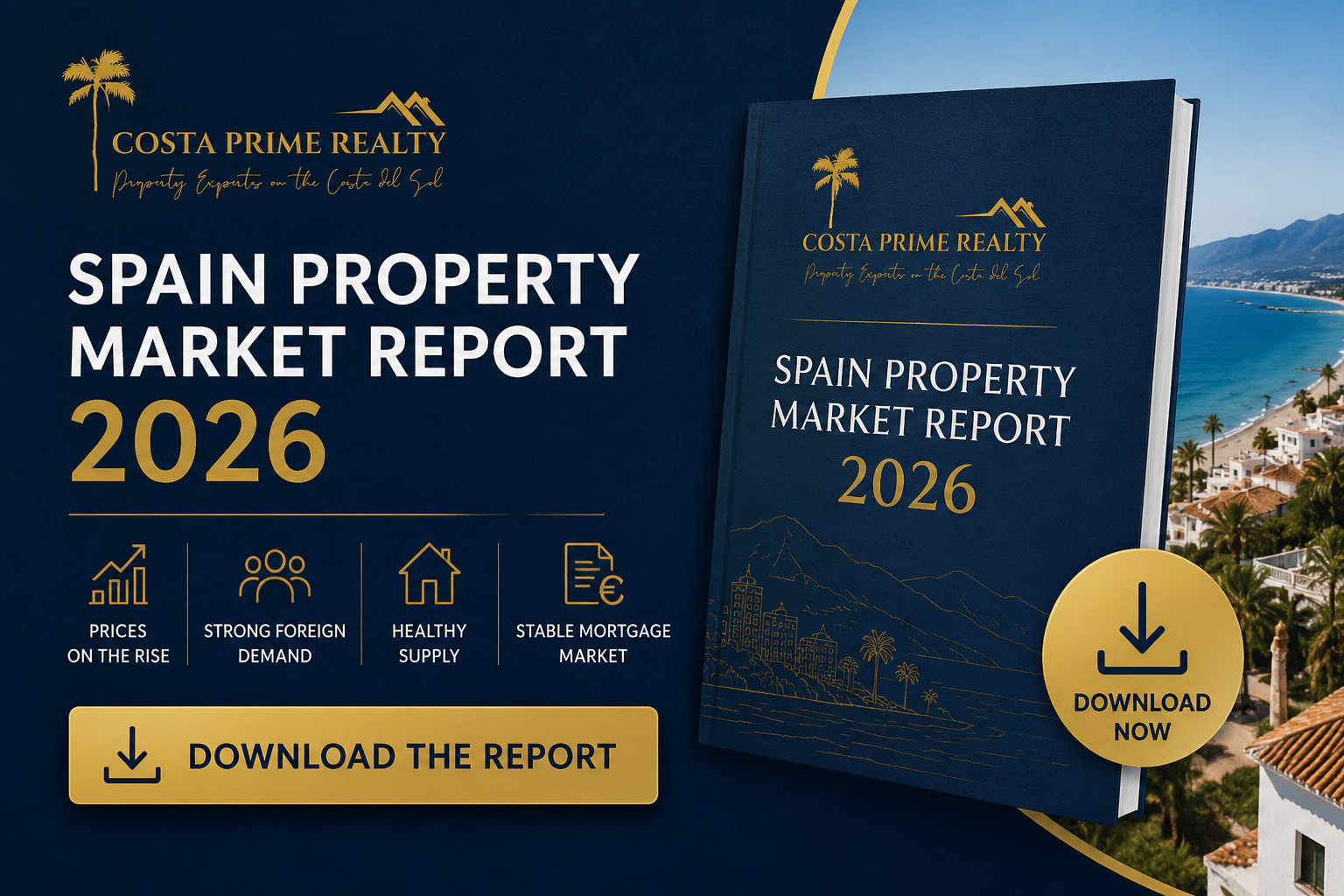 Costa Prime Realty Spain Property Market Report 2026 cover with Costa del Sol luxury real estate market insights and download button