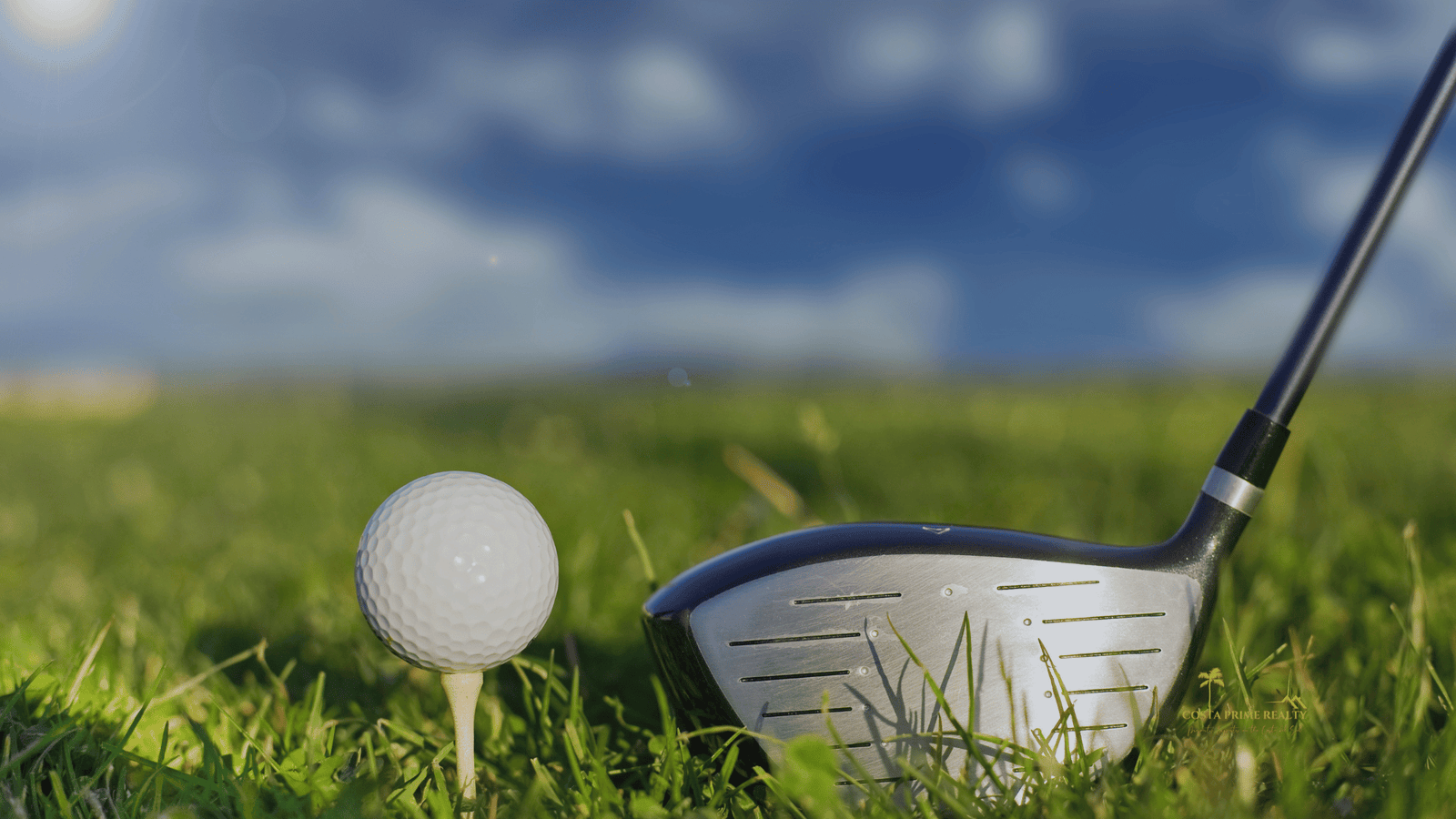 Golf ball and driver on a golf course on the Costa del Sol Spain