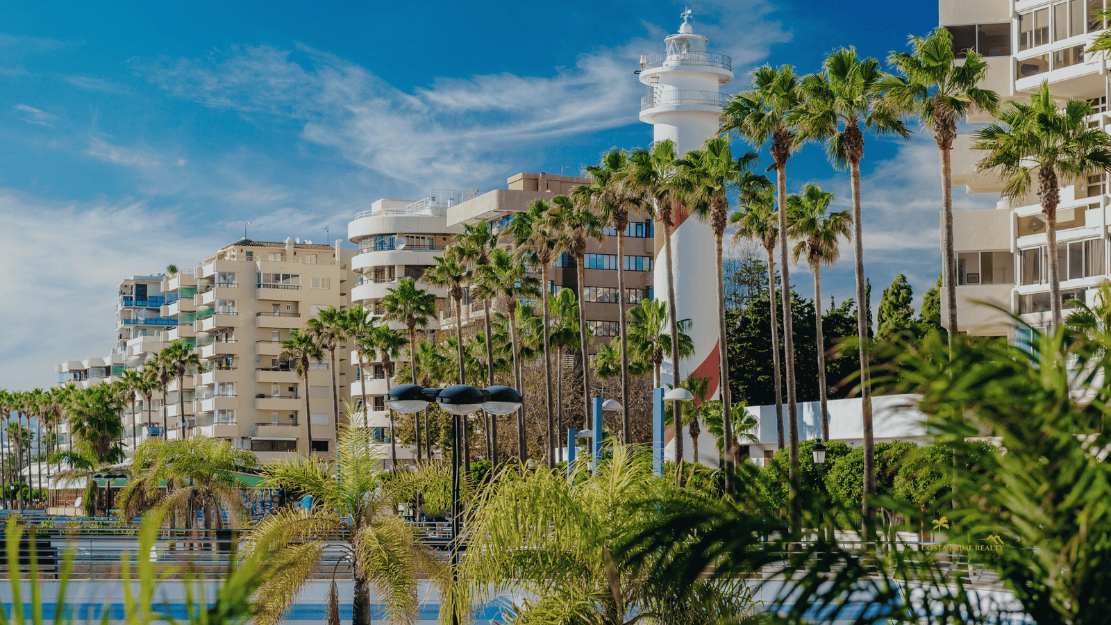 Marbella Costa del Sol skyline with palm trees and apartments near the beach