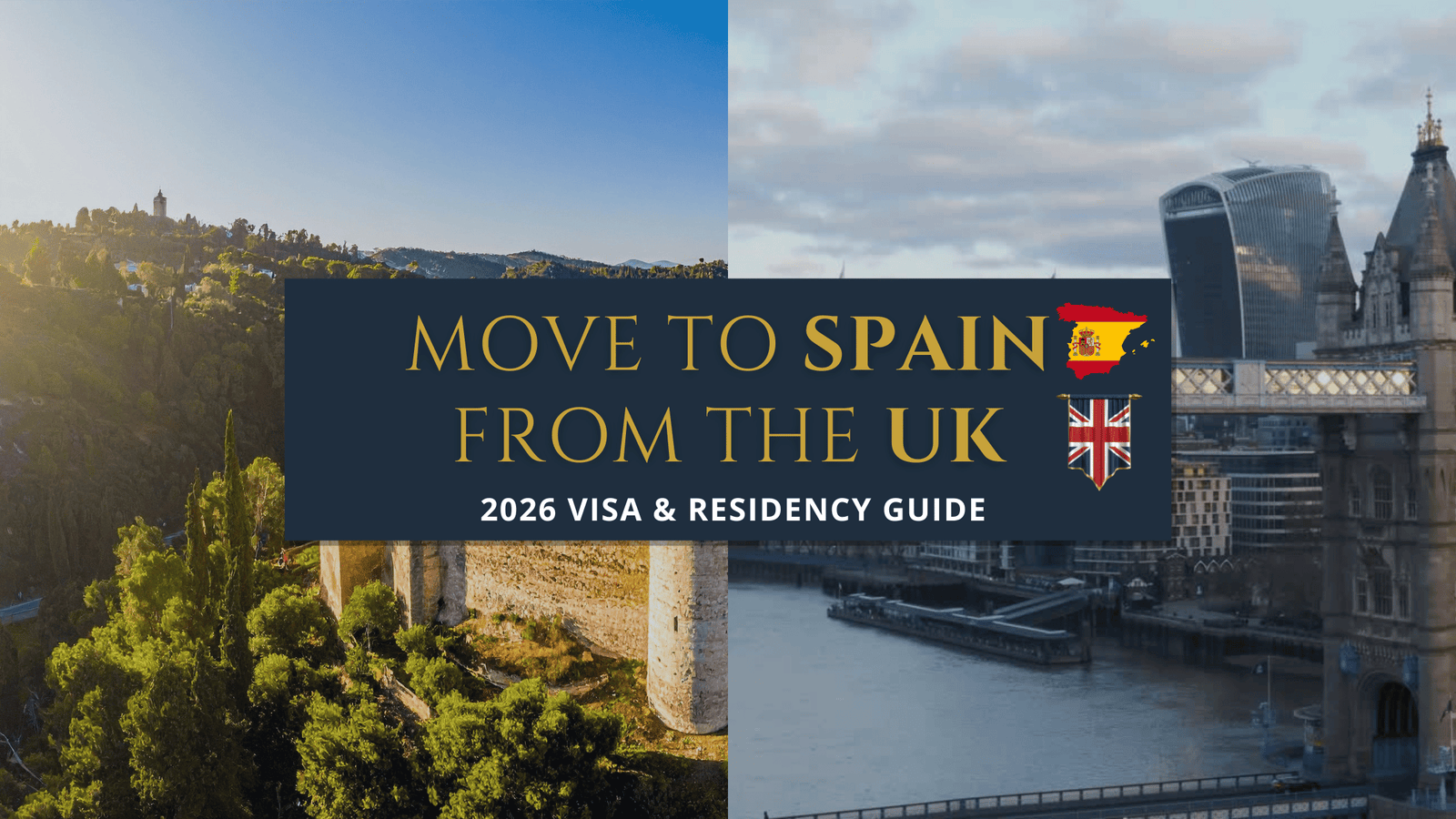 Move to Spain from the UK guide showing Spain and London skyline representing relocation and residency after Brexit.