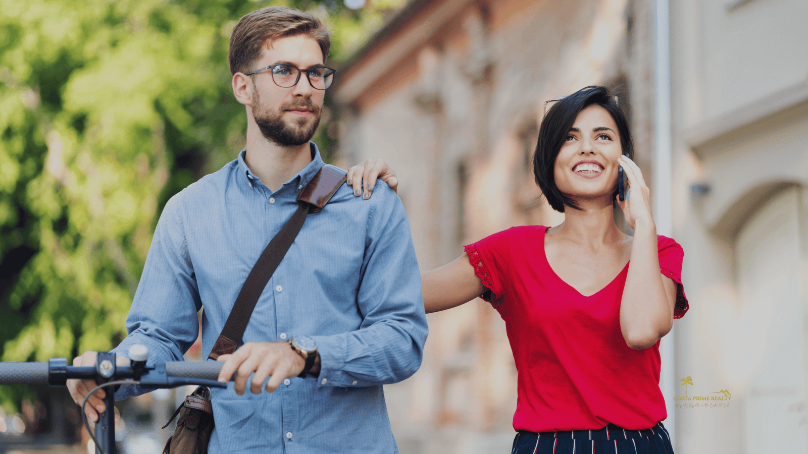 Young couple walking through a Spanish street representing everyday life for British residents living in Spain.
